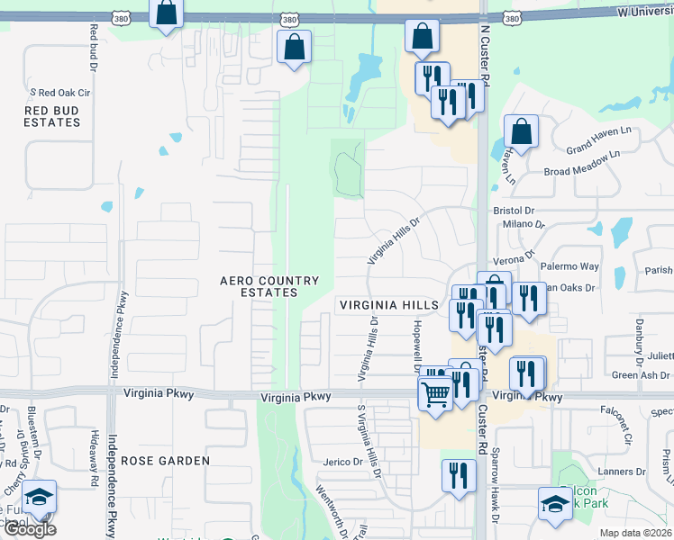 map of restaurants, bars, coffee shops, grocery stores, and more near 9324 Manassas Ridge in McKinney