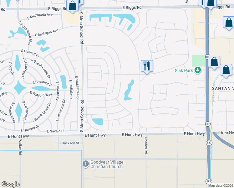 map of restaurants, bars, coffee shops, grocery stores, and more near 26214 South Cloverland Drive in Sun Lakes
