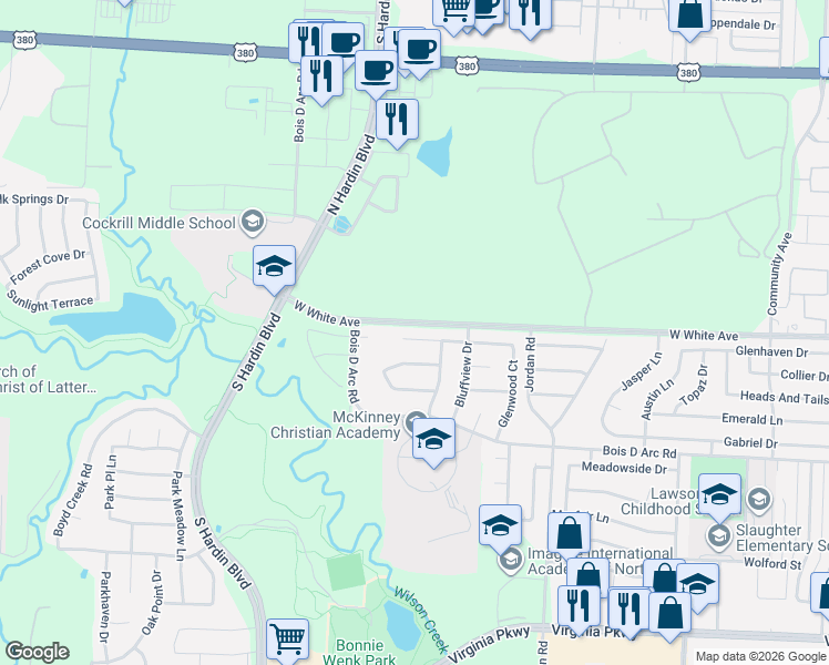 map of restaurants, bars, coffee shops, grocery stores, and more near 3610 Canyon View Court in McKinney