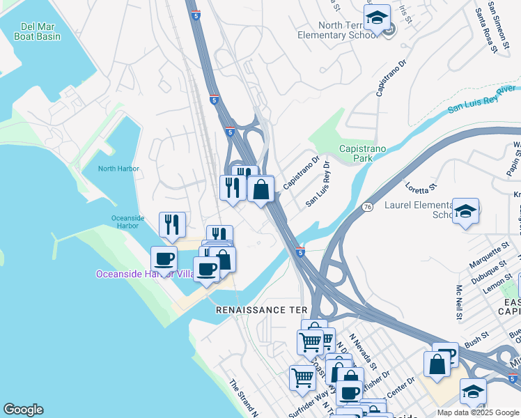 map of restaurants, bars, coffee shops, grocery stores, and more near 1421 North Coast Highway in Oceanside