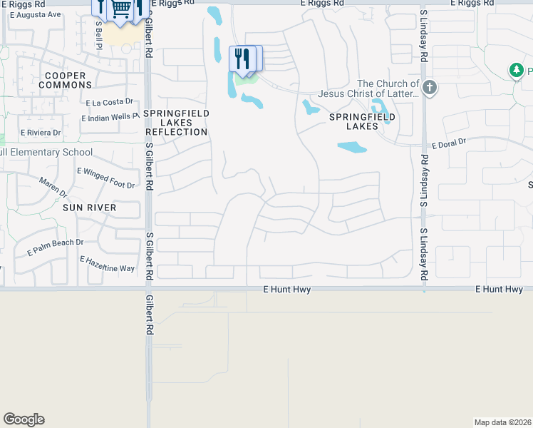 map of restaurants, bars, coffee shops, grocery stores, and more near 3442 East Peach Tree Drive in Chandler
