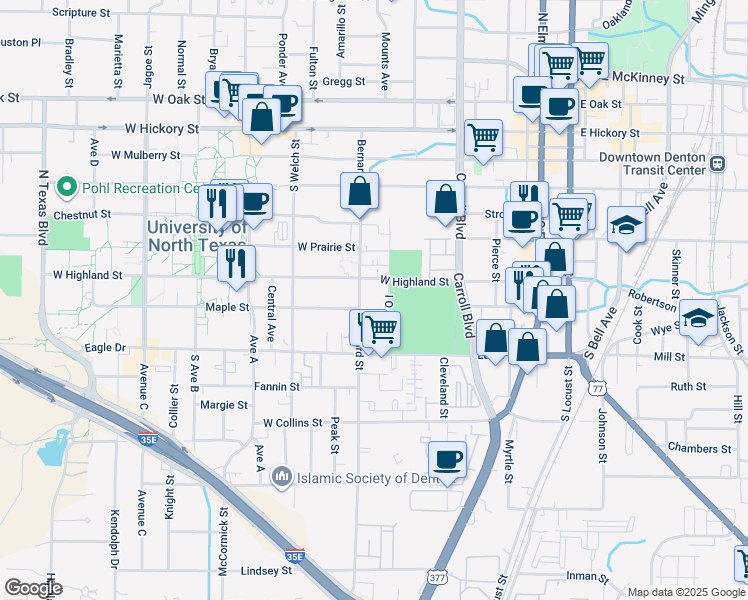 map of restaurants, bars, coffee shops, grocery stores, and more near 626 Bernard Street in Denton