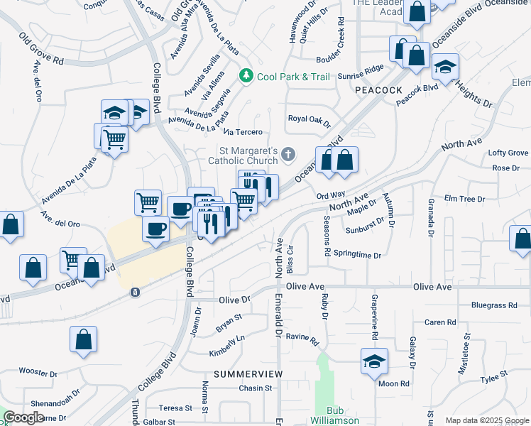 map of restaurants, bars, coffee shops, grocery stores, and more near 4259 Oceanside Boulevard in Oceanside