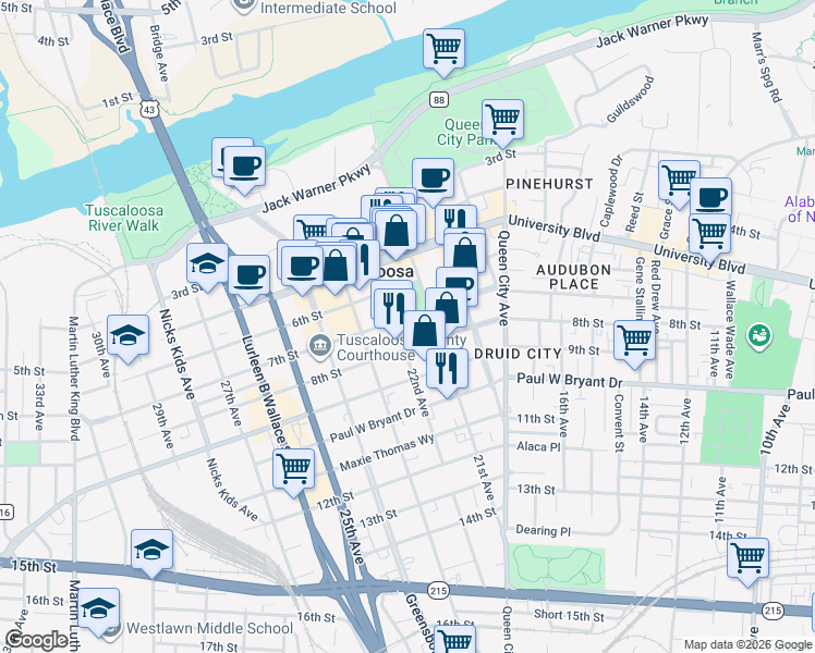 map of restaurants, bars, coffee shops, grocery stores, and more near 701 22nd Avenue in Tuscaloosa