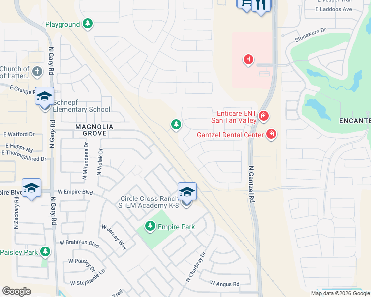 map of restaurants, bars, coffee shops, grocery stores, and more near 36294 North Chayton Drive in San Tan Valley