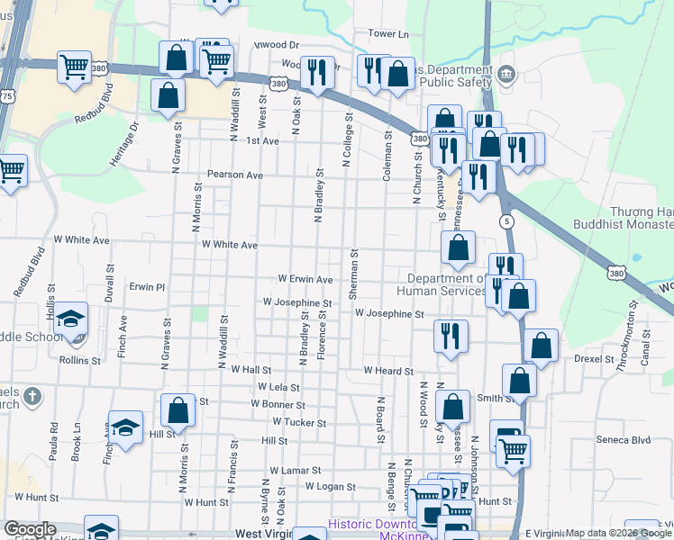 map of restaurants, bars, coffee shops, grocery stores, and more near 1305 North College Street in McKinney