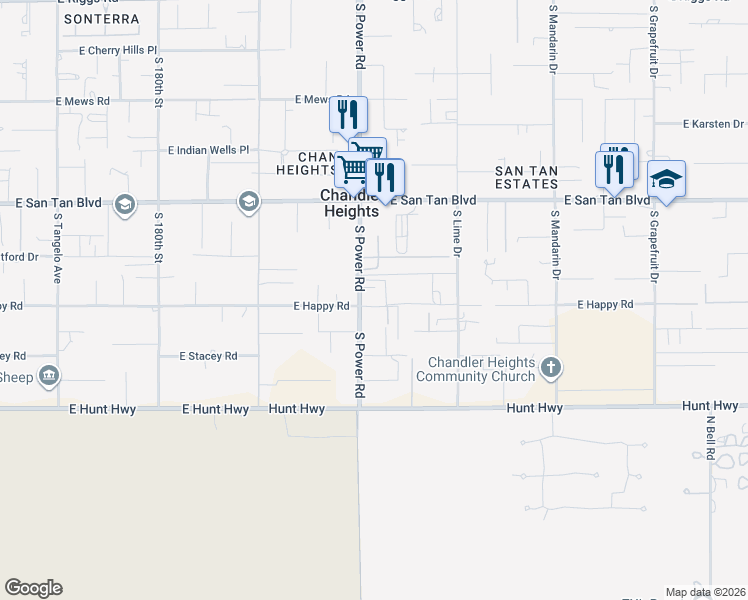 map of restaurants, bars, coffee shops, grocery stores, and more near 26319 South Power Road in Queen Creek
