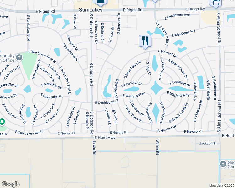 map of restaurants, bars, coffee shops, grocery stores, and more near 26210 South Brentwood Drive in Sun Lakes