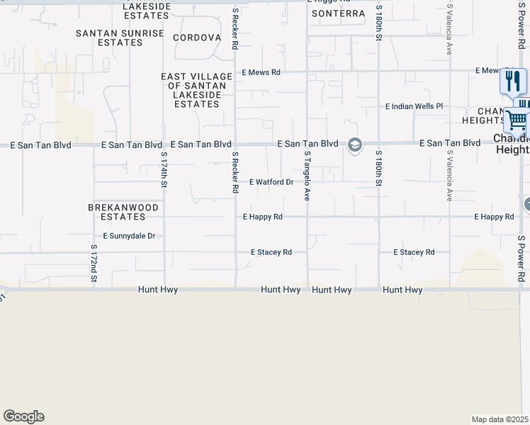 map of restaurants, bars, coffee shops, grocery stores, and more near 26217 South Recker Road in Queen Creek