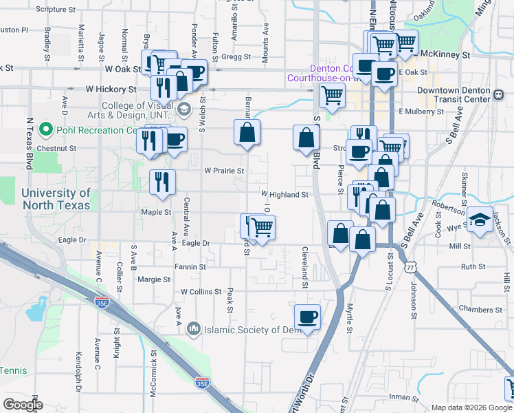 map of restaurants, bars, coffee shops, grocery stores, and more near 621 Bernard Street in Denton