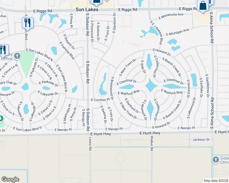 map of restaurants, bars, coffee shops, grocery stores, and more near 9748 East Watford Way in Sun Lakes