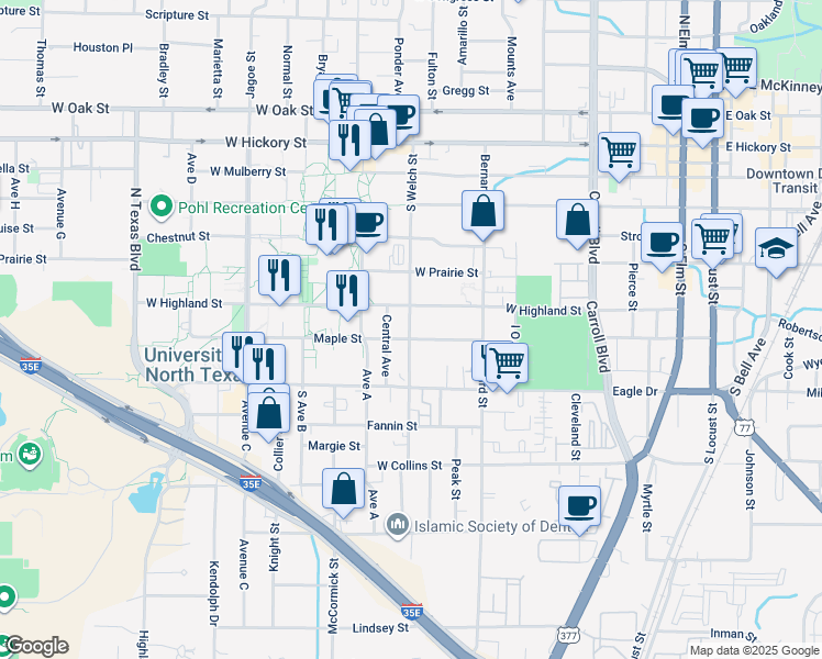 map of restaurants, bars, coffee shops, grocery stores, and more near 625 South Welch Street in Denton