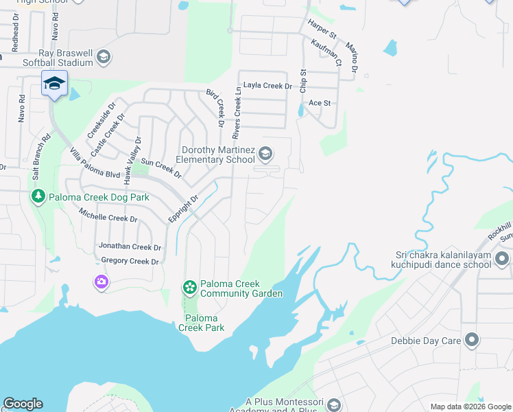 map of restaurants, bars, coffee shops, grocery stores, and more near Rivers Creek Lane in Denton County