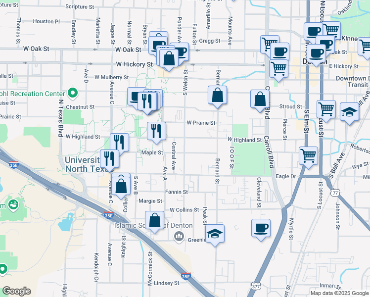 map of restaurants, bars, coffee shops, grocery stores, and more near 625 South Welch Street in Denton