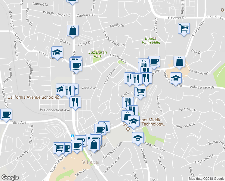 map of restaurants, bars, coffee shops, grocery stores, and more near 633 Hillside Terrace in Vista
