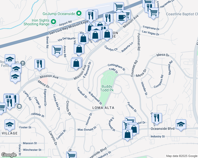map of restaurants, bars, coffee shops, grocery stores, and more near 2848 Todd Street in Oceanside