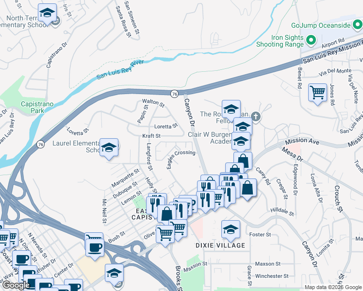 map of restaurants, bars, coffee shops, grocery stores, and more near 555 Lands End Way in Oceanside