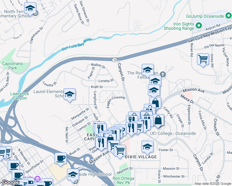 map of restaurants, bars, coffee shops, grocery stores, and more near 555 Lands End Way in Oceanside