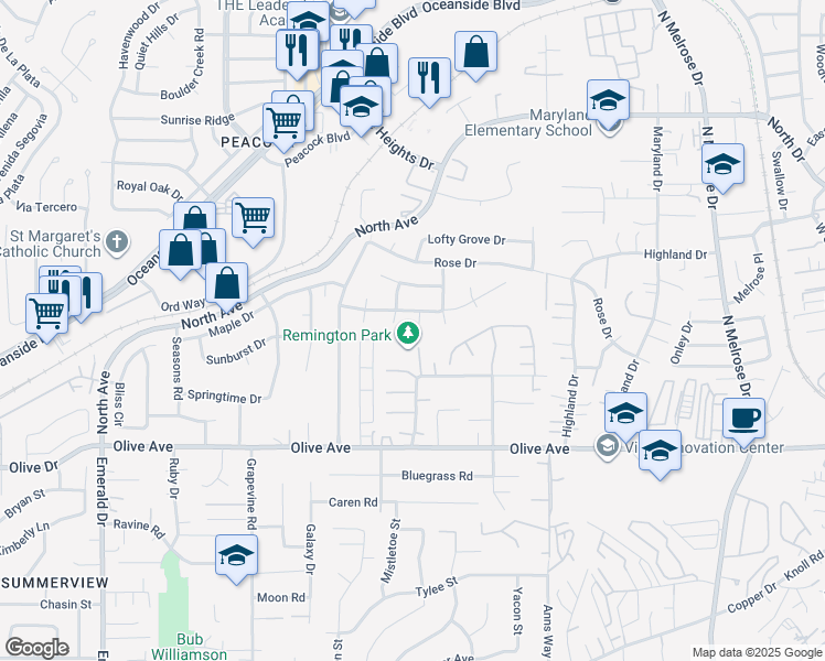 map of restaurants, bars, coffee shops, grocery stores, and more near 2732 Jacaranda Drive in Oceanside