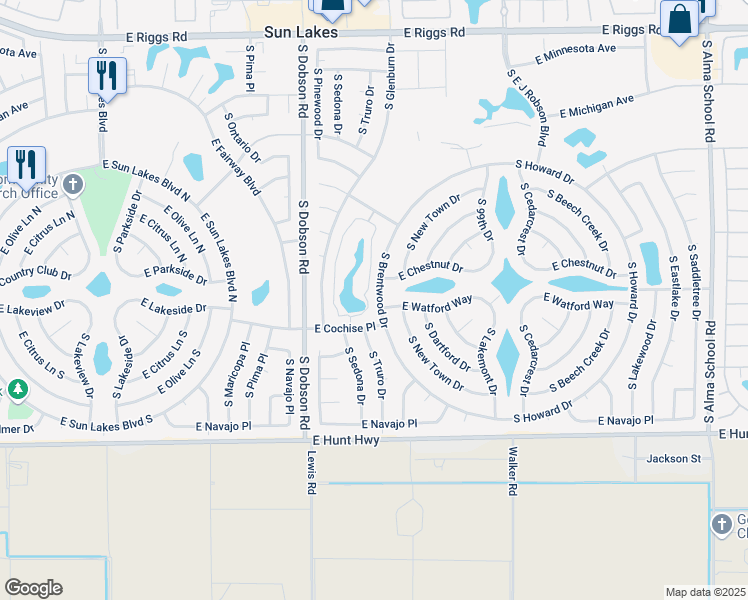 map of restaurants, bars, coffee shops, grocery stores, and more near 26210 South Brentwood Drive in Sun Lakes