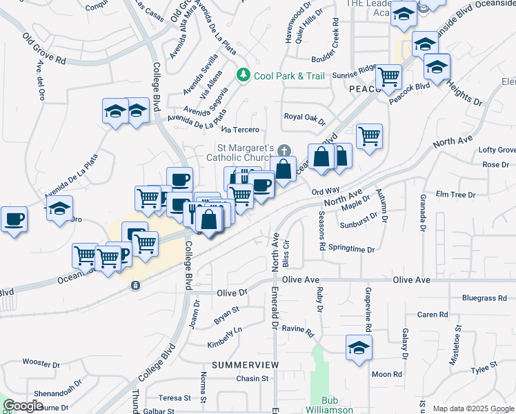 map of restaurants, bars, coffee shops, grocery stores, and more near 4259 Oceanside Boulevard in Oceanside