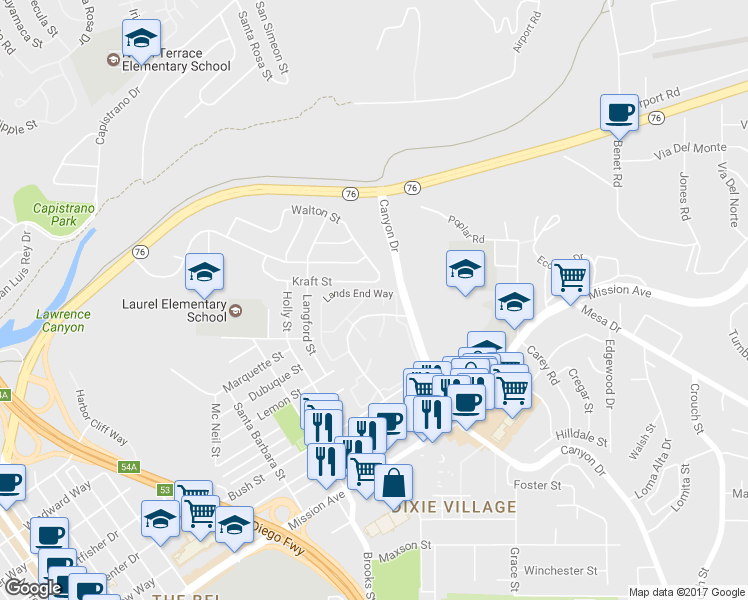 map of restaurants, bars, coffee shops, grocery stores, and more near 555 Lands End Way in Oceanside