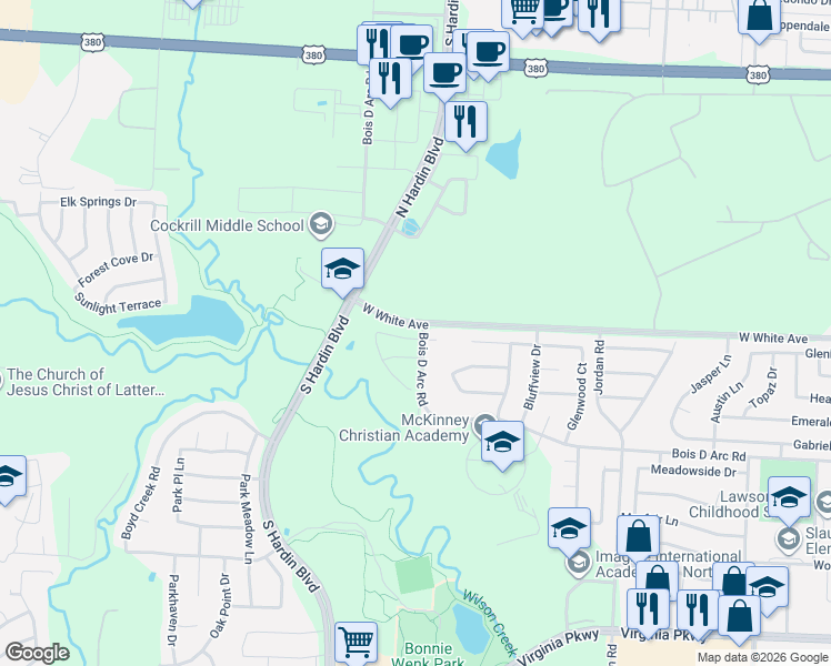 map of restaurants, bars, coffee shops, grocery stores, and more near 3708 Creek View Drive in McKinney