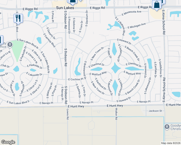 map of restaurants, bars, coffee shops, grocery stores, and more near 9748 East Watford Way in Sun Lakes