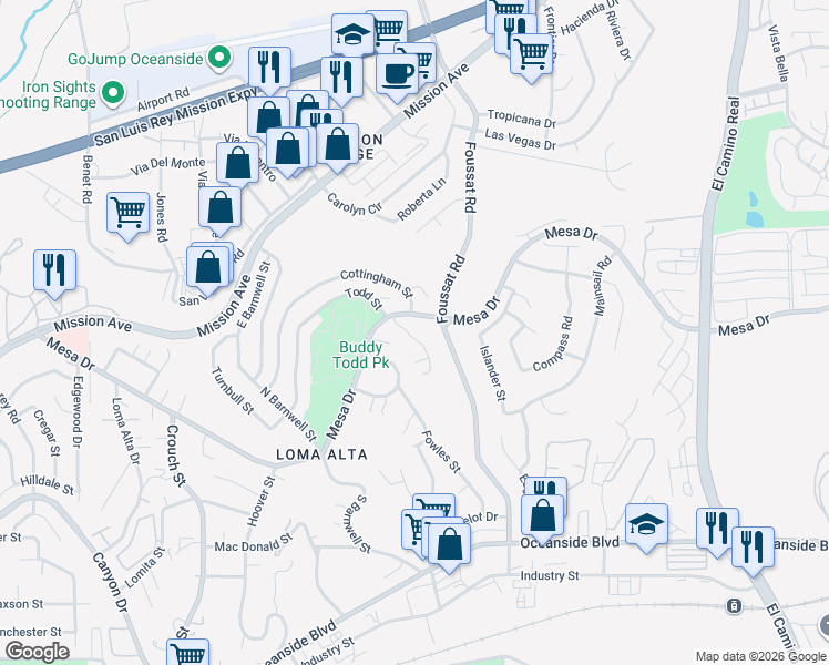 map of restaurants, bars, coffee shops, grocery stores, and more near 220 Vista Montana Way in Oceanside