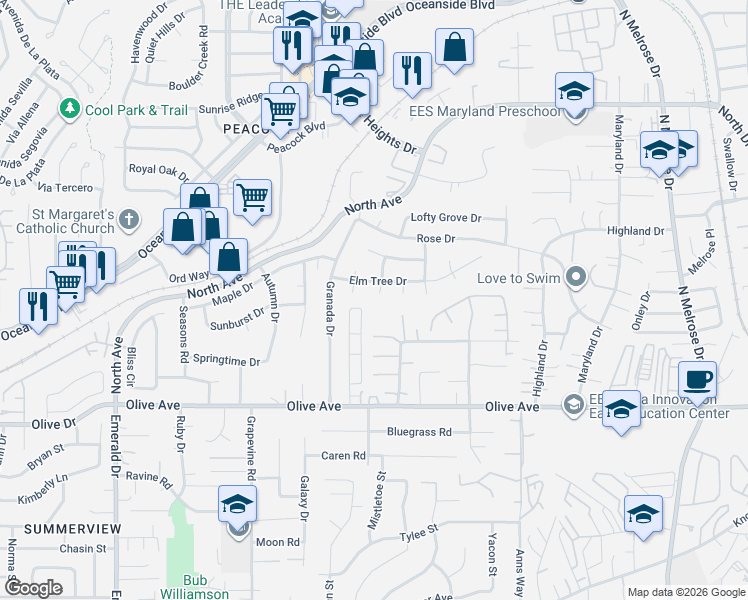 map of restaurants, bars, coffee shops, grocery stores, and more near 2729 Amberwood Drive in Oceanside