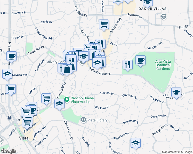 map of restaurants, bars, coffee shops, grocery stores, and more near 981 Vale Terrace Drive in Vista
