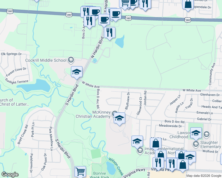 map of restaurants, bars, coffee shops, grocery stores, and more near 3610 Canyon View Court in McKinney