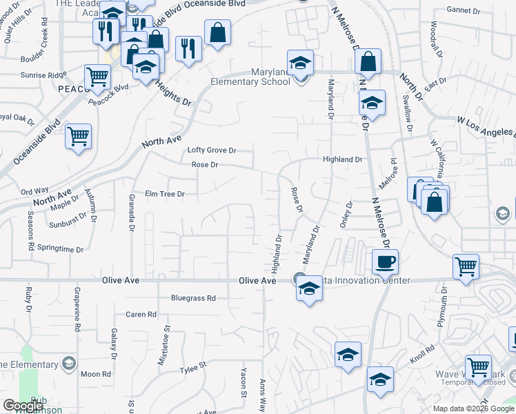 map of restaurants, bars, coffee shops, grocery stores, and more near 1025 Stratton Drive in Vista