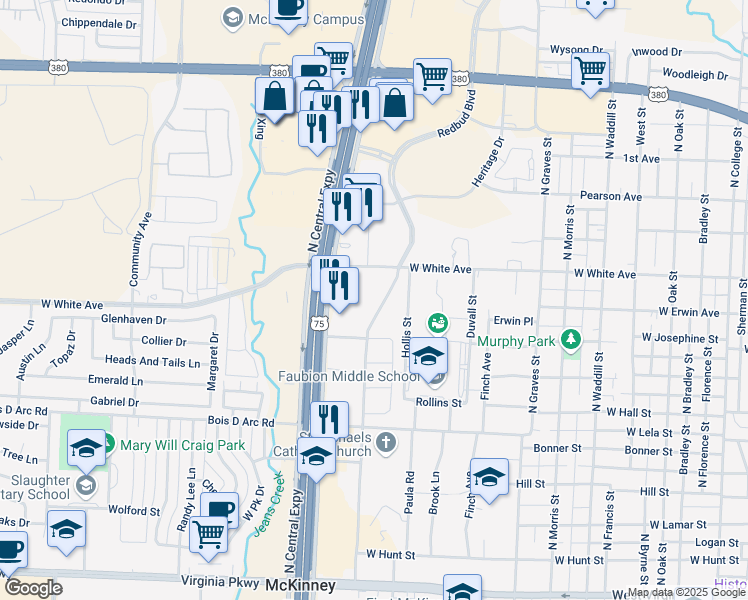 map of restaurants, bars, coffee shops, grocery stores, and more near 12 Redbud Boulevard in McKinney