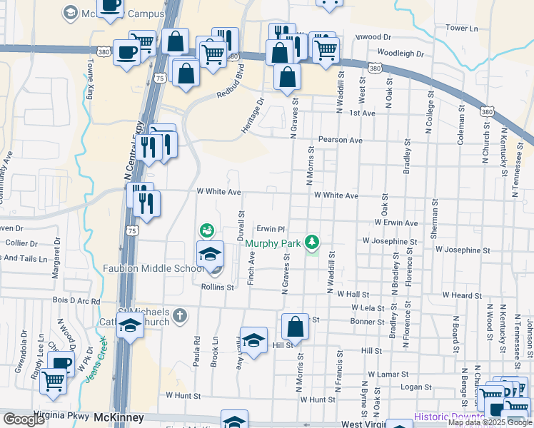 map of restaurants, bars, coffee shops, grocery stores, and more near 1303 White Cir in McKinney