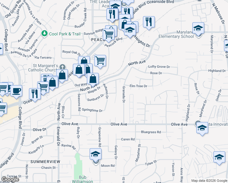 map of restaurants, bars, coffee shops, grocery stores, and more near 2227 Fallingleaf Road in Oceanside