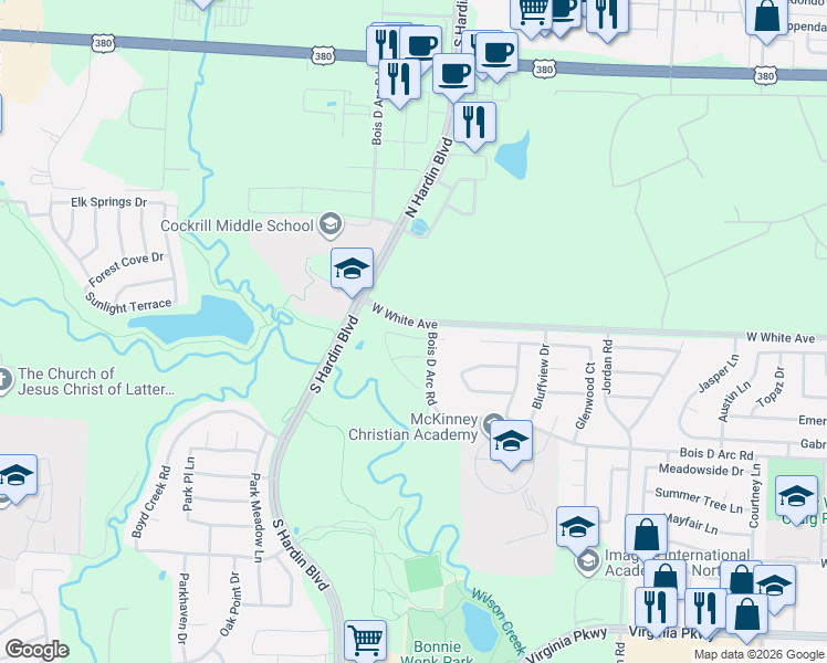 map of restaurants, bars, coffee shops, grocery stores, and more near 3708 Creek View Drive in McKinney