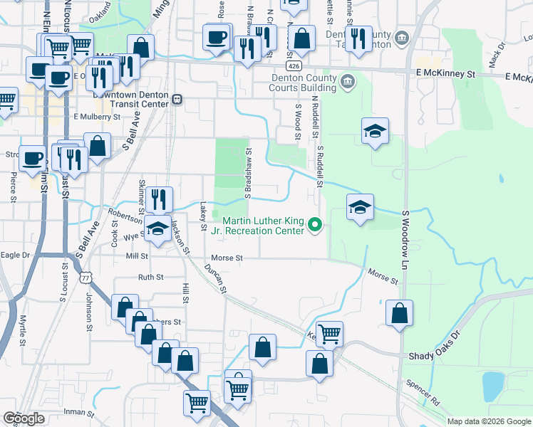 map of restaurants, bars, coffee shops, grocery stores, and more near 1005 Wilson Street in Denton