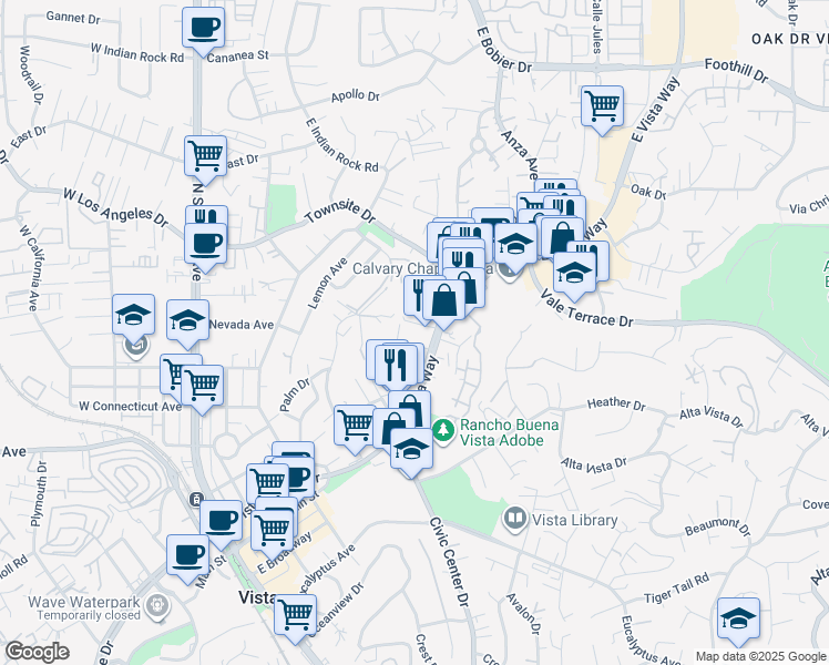 map of restaurants, bars, coffee shops, grocery stores, and more near 720A Franklin Lane in Vista