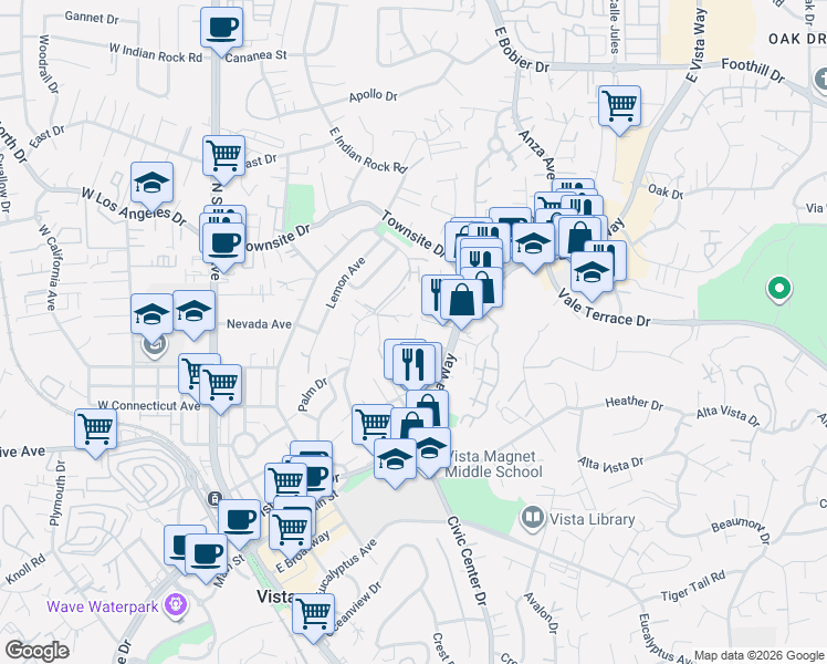 map of restaurants, bars, coffee shops, grocery stores, and more near 720A Franklin Lane in Vista