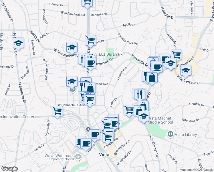 map of restaurants, bars, coffee shops, grocery stores, and more near 307 Nevada Avenue in Vista