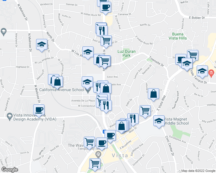 map of restaurants, bars, coffee shops, grocery stores, and more near 625 North Santa Fe Avenue in Vista