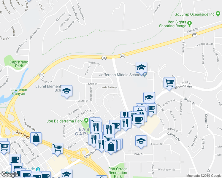 map of restaurants, bars, coffee shops, grocery stores, and more near 555 Lands End Way in Oceanside