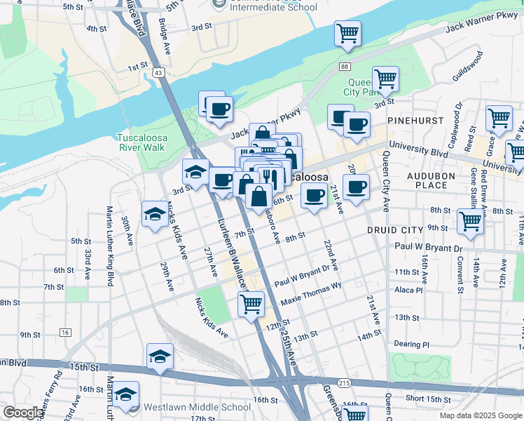 map of restaurants, bars, coffee shops, grocery stores, and more near 600 Greensboro Avenue in Tuscaloosa