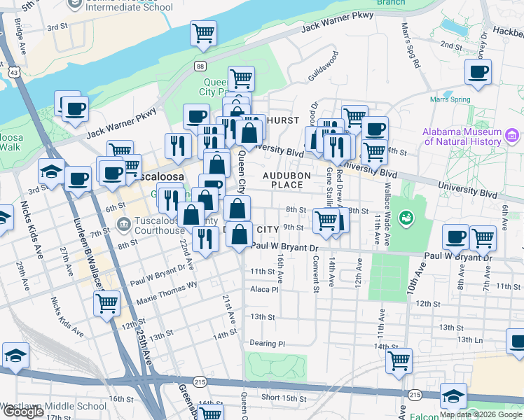 map of restaurants, bars, coffee shops, grocery stores, and more near 810 17th Avenue in Tuscaloosa