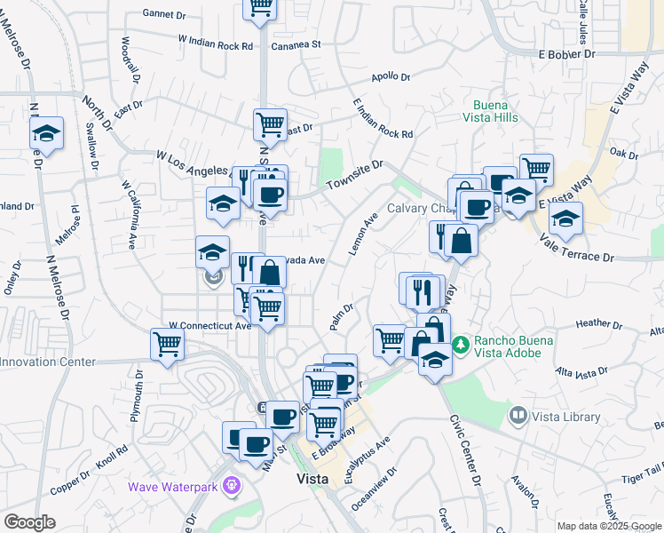 map of restaurants, bars, coffee shops, grocery stores, and more near 307 Nevada Avenue in Vista