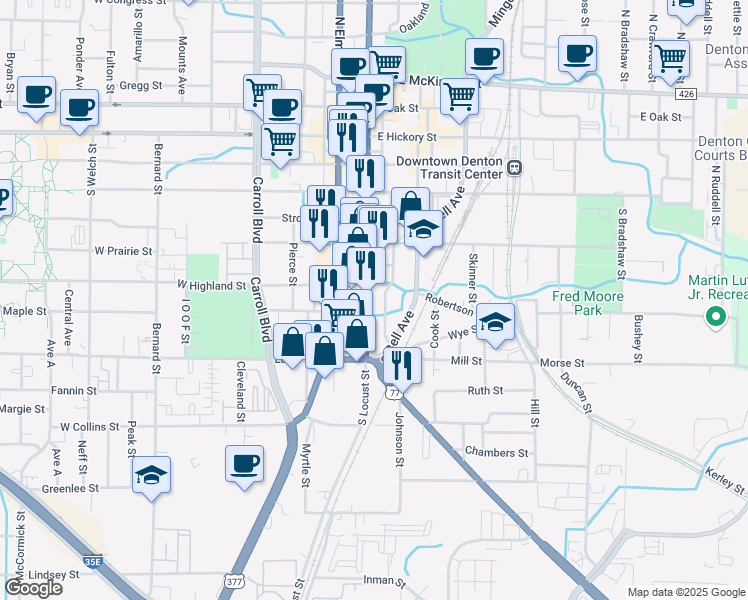 map of restaurants, bars, coffee shops, grocery stores, and more near 619 S Locust St in Denton