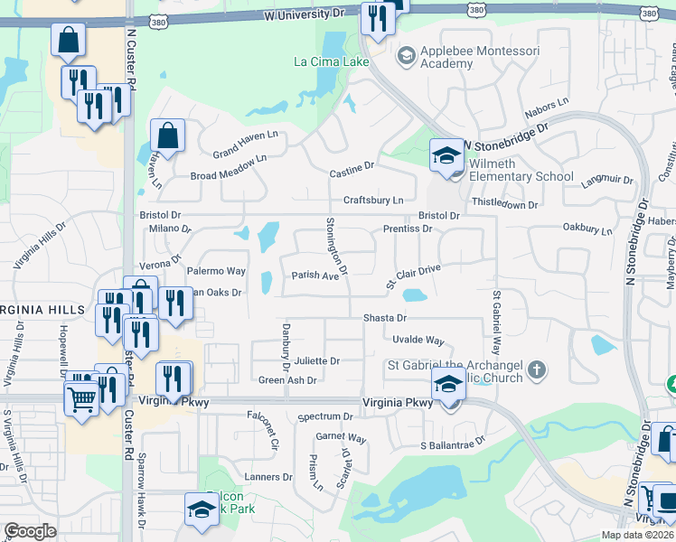 map of restaurants, bars, coffee shops, grocery stores, and more near 8300 Parish Avenue in McKinney