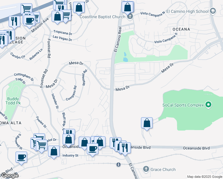 map of restaurants, bars, coffee shops, grocery stores, and more near Mesa Dr & El Camino Real in Oceanside