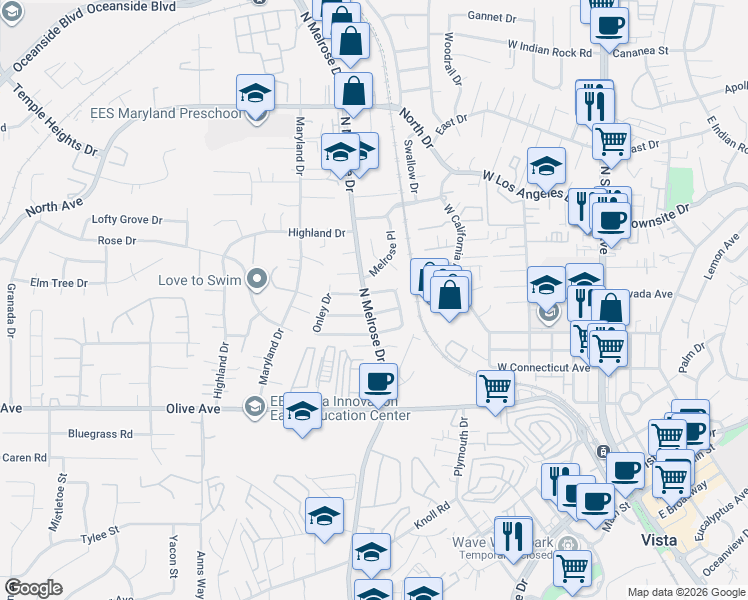 map of restaurants, bars, coffee shops, grocery stores, and more near 653 North Melrose Drive in Vista